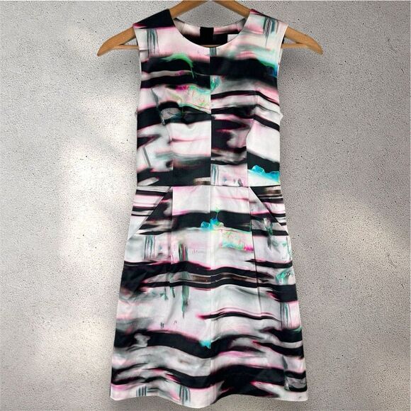 Milly of New York Watercolor Sheath Pleated Dress Fit & Flare‎ Pockets Sz 0 - Picture 2 of 4